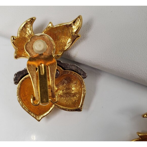 Vintage 1990's AVON Large Gold Silver Tone Acorn Leaves Clip on Earrings - Picture 8 of 11